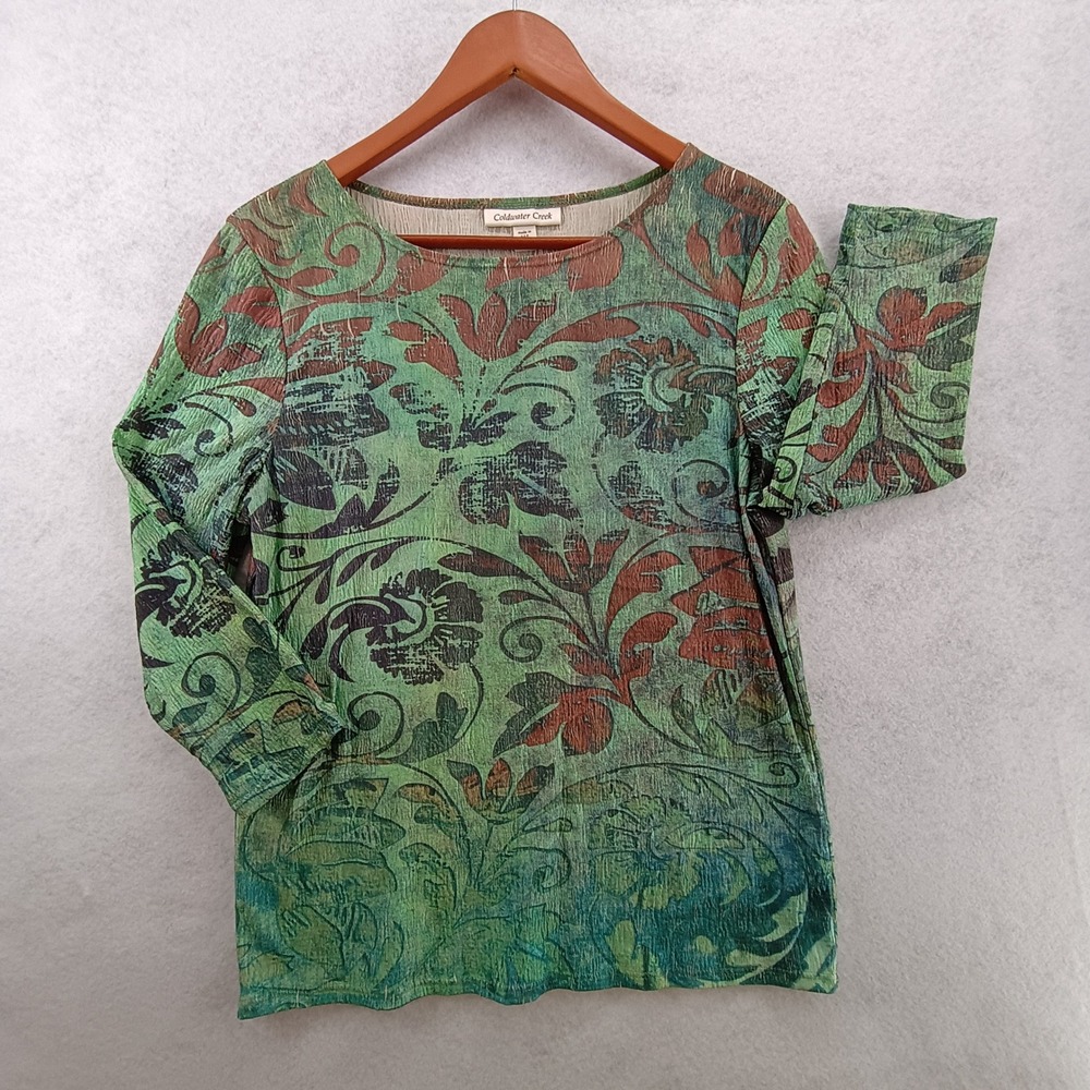 Coldwater Creek Blouse Women M Green Floral Crinkle Texture Art To Wear Boho Top